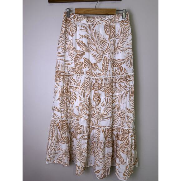 Nanette Lepore White Brown Leaf Print Tiered Midi Skirt Rayon Blend Size L - Picture 5 of 5